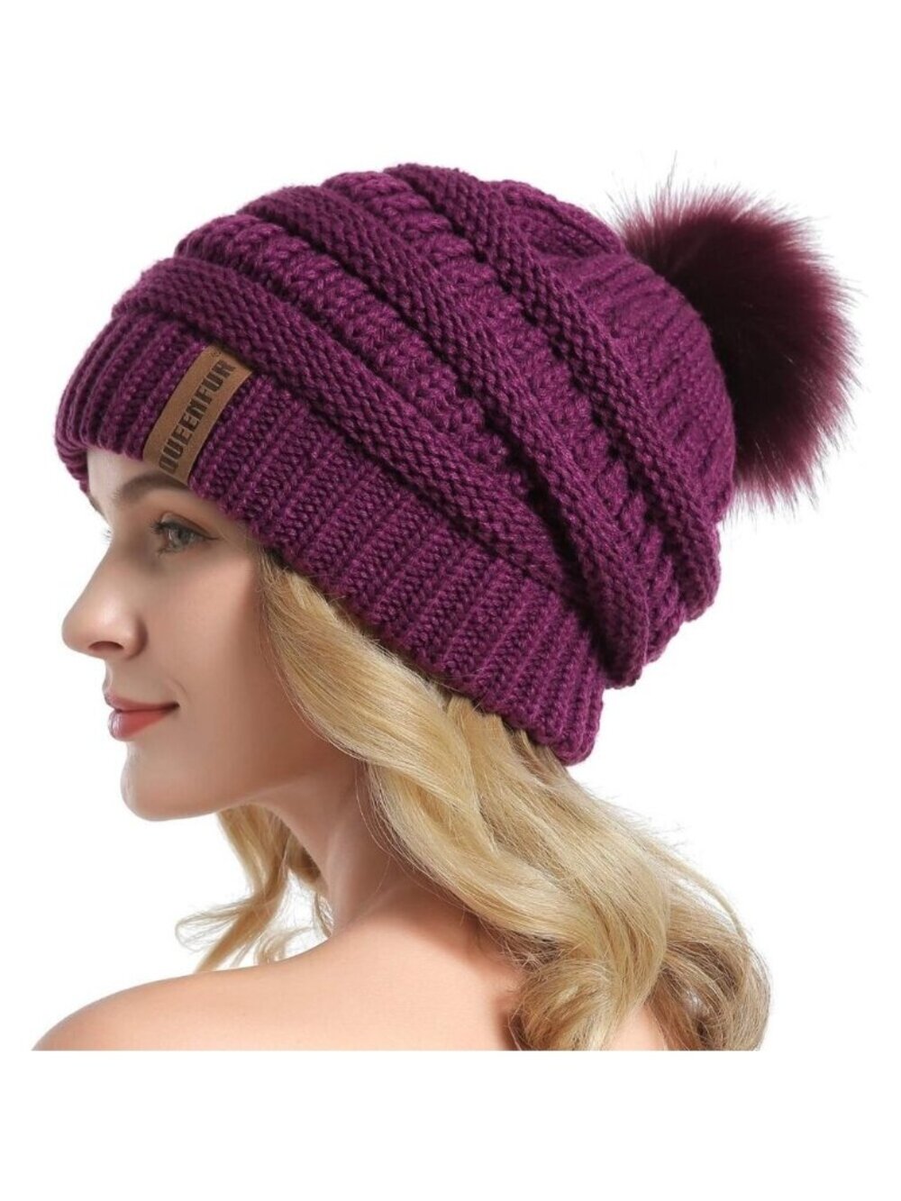 Women Plum Purple Soft Acrylic Thick Baggy Knit Winter Faux Fur Pompom Beanie